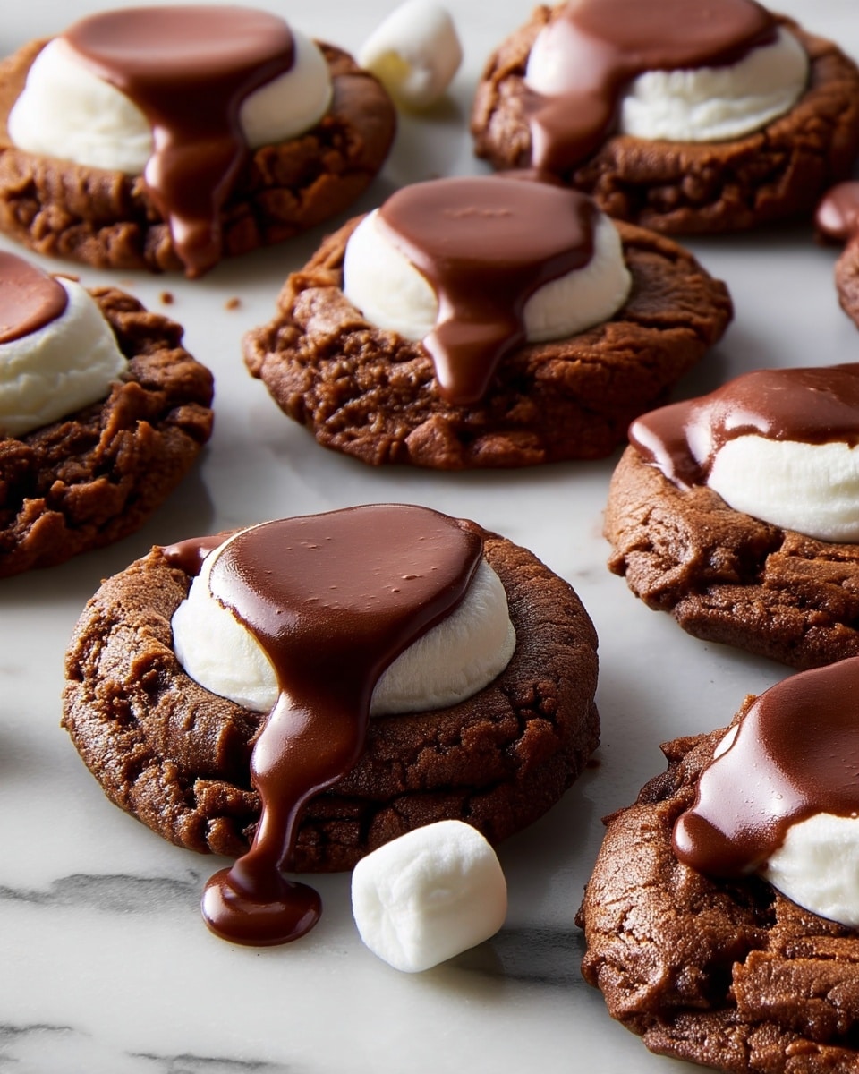The image shows several chocolate cookies arranged closely on a white marbled surface. Each cookie has a rough, textured brown base layer, topped with a soft, pillowy white marshmallow layer in the center. On top of the marshmallows is a smooth, glossy layer of melted chocolate partially covering each one. Some cookies show melted chocolate sliding off the marshmallow, and a few marshmallows and cookie crumbs are scattered around for a natural look. The lighting highlights the soft and gooey textures of the marshmallow and chocolate. Photo taken with an iphone --ar 4:5 --v 7