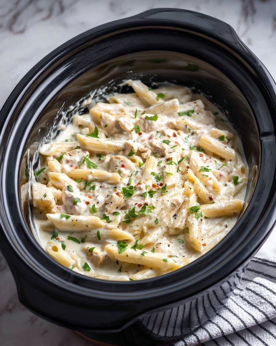The image shows a black slow cooker filled with creamy white penne pasta mixed with pieces of chicken. The pasta is coated in a thick white sauce with visible herbs and pepper specks, giving it a rich, smooth texture. Small green parsley bits are scattered evenly on top, adding a fresh touch of color. The slow cooker rests on a white marbled surface with part of a striped cloth visible on the side. photo taken with an iphone --ar 4:5 --v 7