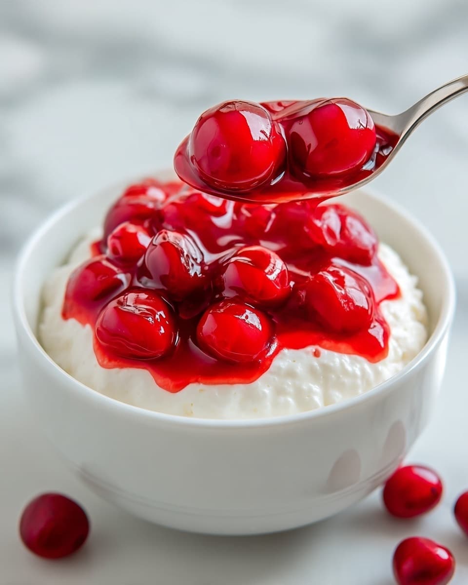 The image shows a close-up of a dessert in a white bowl with three visible layers. The bottom layer is white and looks smooth and creamy, like whipped cream or cottage cheese. The top two layers are bright red, with the middle one showing whole shiny cherries covered in a thick glossy red sauce that drips slightly down the sides. The top layer is a spoon scooping up the cherries and cream, held by a silver spoon. Around the bowl are a few loose cherries on a white marbled surface. The bright red cherries contrast strongly with the white creamy base and bowl. photo taken with an iphone --ar 4:5 --v 7