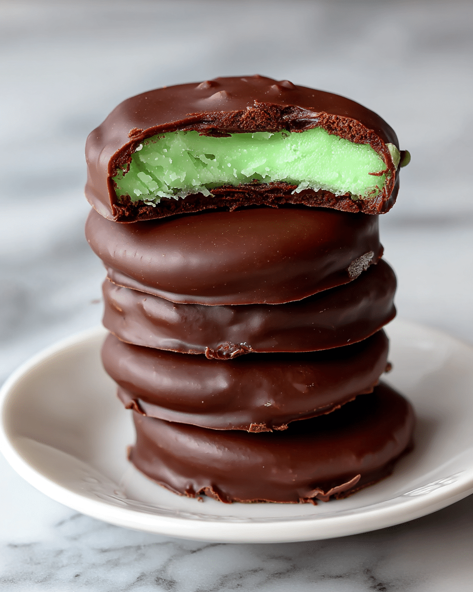 The image shows a stack of round chocolate-covered treats on a white plate, placed on a white marbled surface. The top treat is cut in half horizontally, revealing a bright green, soft-looking filling inside. The filling is thick and smooth with a slightly grainy texture. The outer layer is dark brown chocolate, covering both the top and bottom of each treat, with a slightly uneven surface. The stack includes several whole treats beneath the cut one, all coated evenly with shiny chocolate. photo taken with an iphone --ar 4:5 --v 7