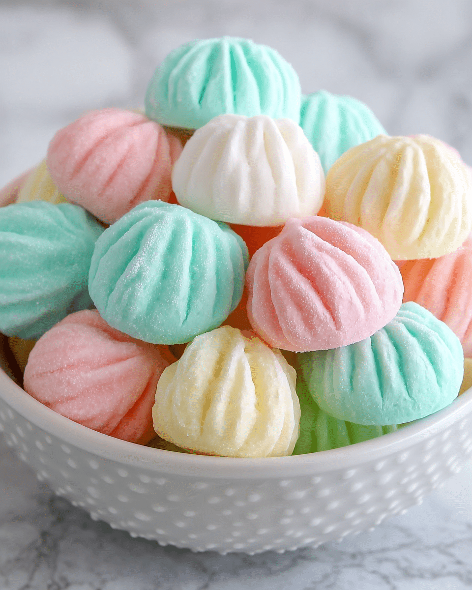 A close-up view of a white scalloped bowl filled with pastel-colored round cookies that have a cracked surface texture. The cookies are light pink, soft green, pale yellow, and baby blue, each showing distinct cracks on the top giving a sugar-dusted, slightly rough texture. The bowl sits on a white marbled surface that softly reflects light, emphasizing the soft, delicate look of the cookies. photo taken with an iphone --ar 4:5 --v 7