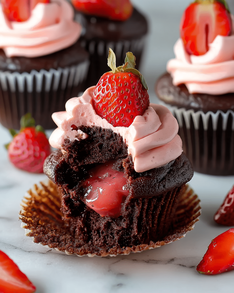 A chocolate cupcake with three layers is shown on a white marbled surface. The bottom layer is dark brown, soft chocolate cake with a moist texture. The middle layer is a glossy, red strawberry filling inside the cupcake, visible through a bite taken out of the front. The top layer is light pink, swirled strawberry frosting, fluffy and creamy, with a half strawberry placed on top as decoration. Additional whole and sliced strawberries are scattered around, and two more cupcakes with similar frosting and strawberries are blurred in the background. Photo taken with an iphone --ar 4:5 --v 7