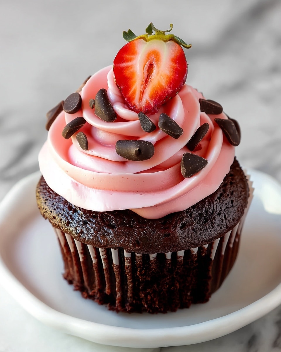 The image shows a close-up view of a chocolate cupcake on a white plate placed on a white marbled surface. The cupcake base is dark brown and moist with a slightly textured top. On top, there is a thick layer of smooth, light pink frosting piped in three spiral swirls, giving a layered effect. Scattered on the frosting are several small, dark chocolate chips. A fresh half strawberry, bright red with a green leafy crown, is centered on the peak of the frosting, adding a fresh and colorful touch. Photo taken with an iphone --ar 4:5 --v 7