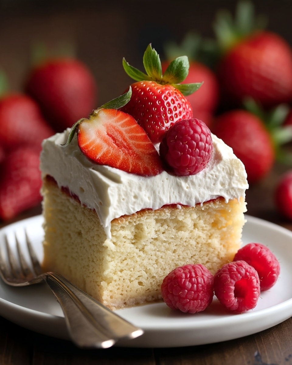A close-up of a single square slice of light golden sponge cake with a moist texture, topped with a thick, fluffy white cream layer that nearly covers the entire top surface. On top of the cream are three fresh berries: a whole bright red strawberry with green leaves, a halved strawberry showing its juicy red inside, and a plump red raspberry. The slice sits on a simple white plate with a silver fork placed to the right side on the white marbled surface background. The photo has a softly blurred dark background that contrasts with the bright colors of the cake and berries, photo taken with an iphone --ar 4:5 --v 7