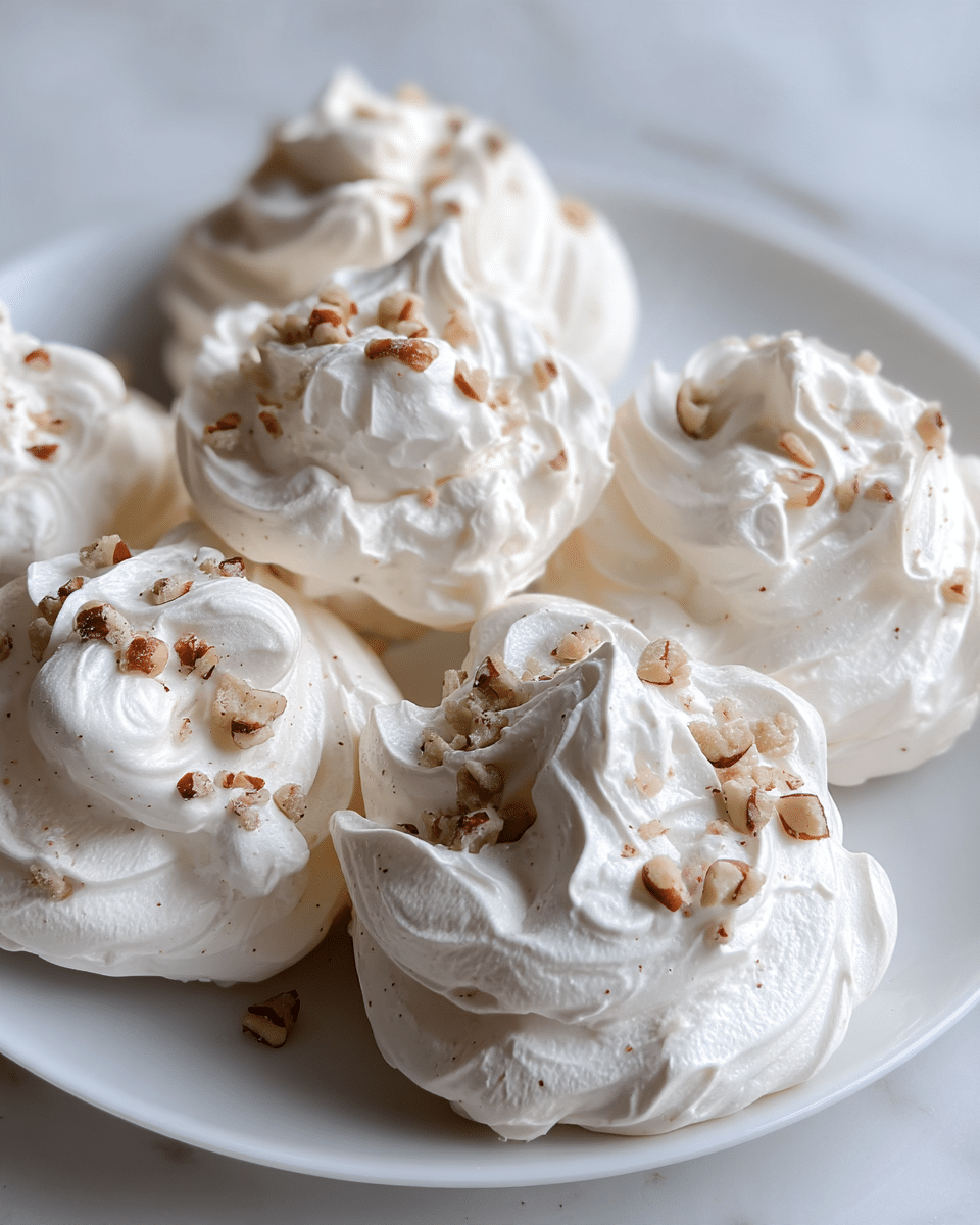 The image shows several large, fluffy white meringue cookies placed closely on a white plate. Each meringue has a rough, swirled texture with peaks and valleys, topped with small pieces of chopped nuts that add a light brown contrast to the bright white surface. The meringues are unevenly shaped, giving a homemade look with soft shadows between them. The photo is shot on a white marbled surface that is slightly out of focus in the background, enhancing the texture of the meringues. Photo taken with an iphone --ar 4:5 --v 7