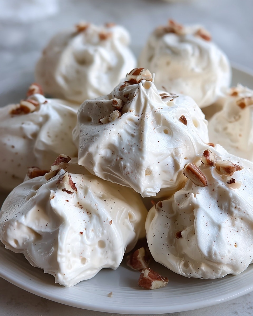 A close-up view of several white meringue cookies arranged closely on a white plate, each meringue showing a rough, crinkled texture with small air holes scattered across its surface. Each meringue has a pointed top and is sprinkled with small pieces of chopped brown nuts, adding a textured contrast. The meringues have a soft matte finish, with subtle darker speckles throughout. The background is softly blurred, creating focus on the uneven yet delicate shapes and creamy white color of the meringues, all placed on a white marbled texture. photo taken with an iphone --ar 4:5 --v 7