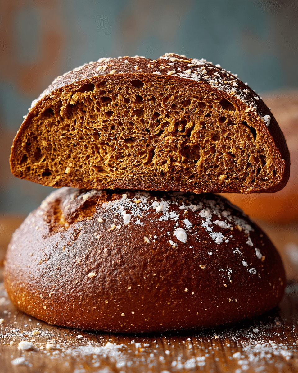The image shows a sliced loaf of brown bread with two main layers visible. The bottom layer is the base of the loaf, dark brown with a slightly rough and crispy crust sprinkled with flour and small grains. The top layer is a slice of the same bread placed over the base, showing the soft, dense, and porous inside texture in a lighter brown shade. Both layers have a slightly rounded top with a rough crust. The bread is set on a wooden surface with some crumbs scattered around, against a blurred background. Photo taken with an iphone --ar 4:5 --v 7