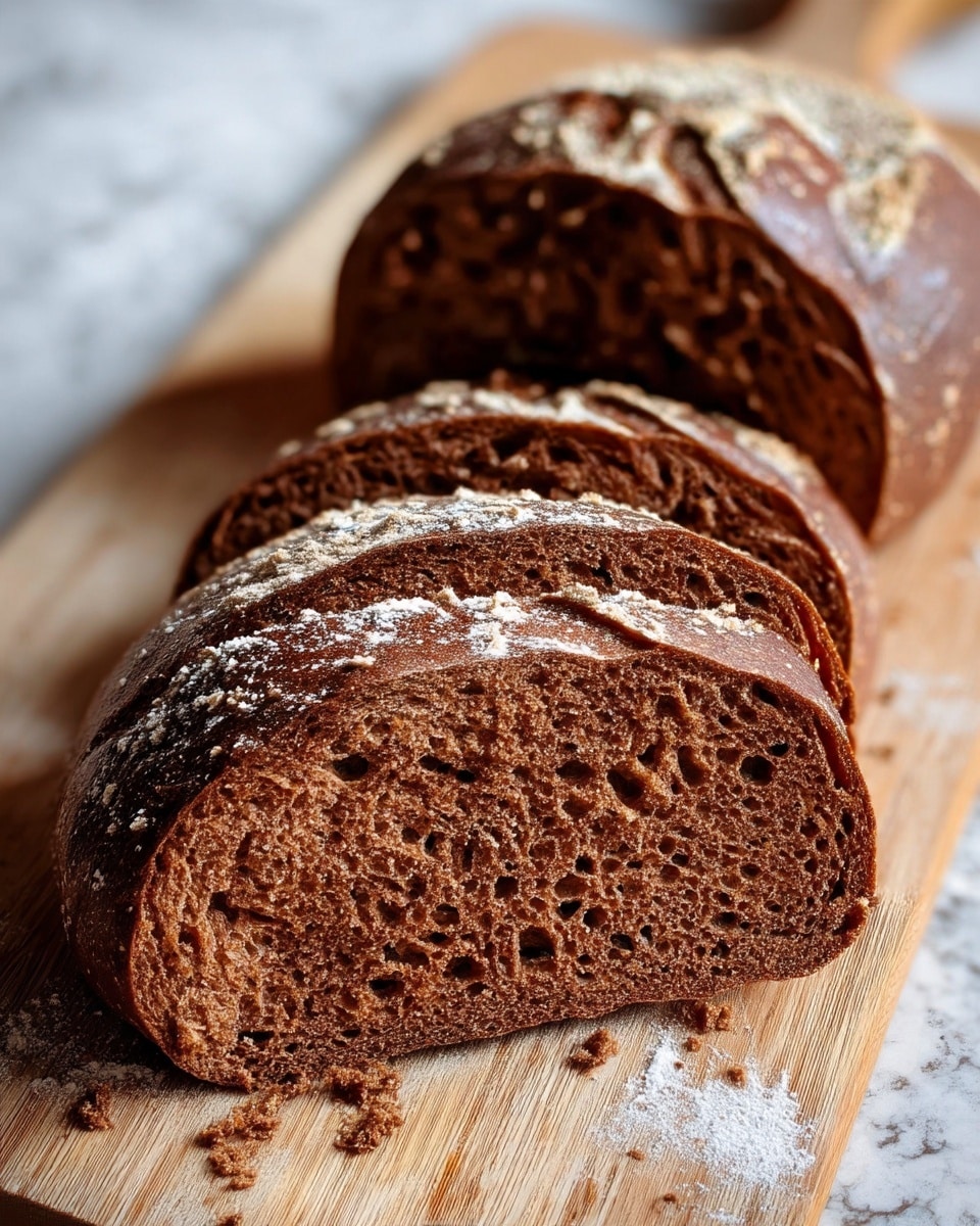 The image shows a close-up of a loaf of dark brown bread on a wooden cutting board, sliced into four pieces. The bread has a rough, textured crust with light flour dusted unevenly on top. The interior of the bread is dense with small holes and a slightly moist appearance. The focus is on the front slice leaning against the next piece, while the background consists of the rest of the unsliced loaf softly blurred. Crumbs are scattered around the bread on the cutting board, all set against a white marbled texture. Photo taken with an iphone --ar 4:5 --v 7