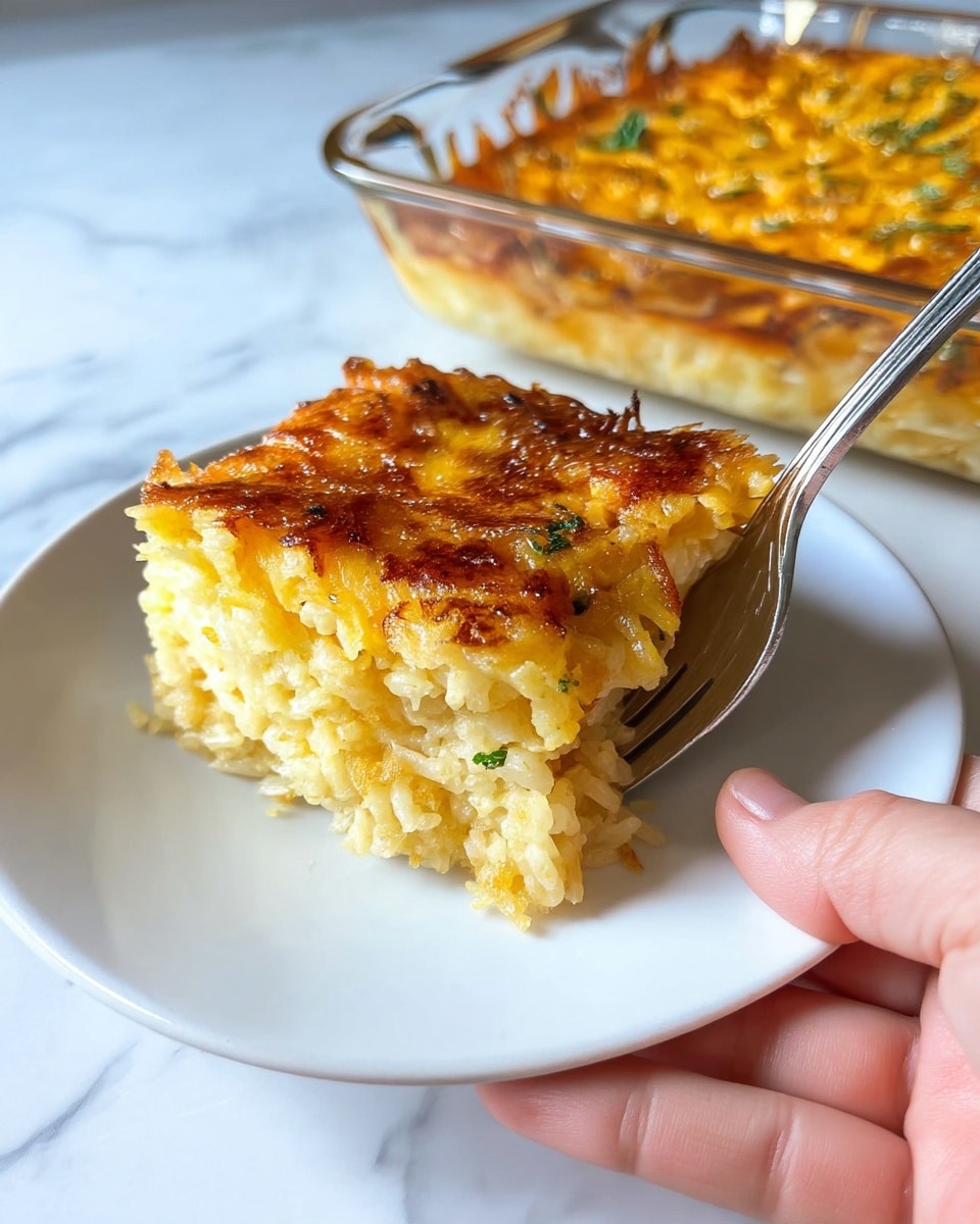 A close-up of a square slice of golden-brown baked rice casserole on a white plate, showing two layers: the bottom layer is creamy, moist, and pale yellow with visible rice grains, while the top layer is a darker golden, crispy and slightly textured crust with small green herb bits sprinkled on it. A silver fork rests partially under the slice, held by a woman's hand at the edge of the image. In the background, a clear glass baking dish with more golden casserole inside is placed on a white marbled surface. Photo taken with an iphone --ar 4:5 --v 7