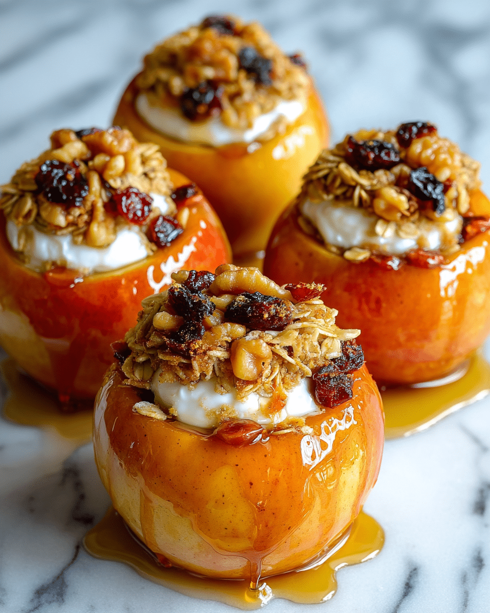 The image shows four baked apples with a shiny, golden-orange skin, each hollowed out and filled with a layered topping. The first layer inside the apple is creamy white, likely yogurt or cream, topped with a mix of chunky walnuts, textured oats, and scattered dark red dried fruit pieces. The apples sit closely together, their surface glistening with syrup or honey that drips down the sides, creating a sticky, glossy effect. All items are arranged on a white marbled surface, enhancing the warm colors and textures of the apples and their crunchy filling. photo taken with an iphone --ar 4:5 --v 7