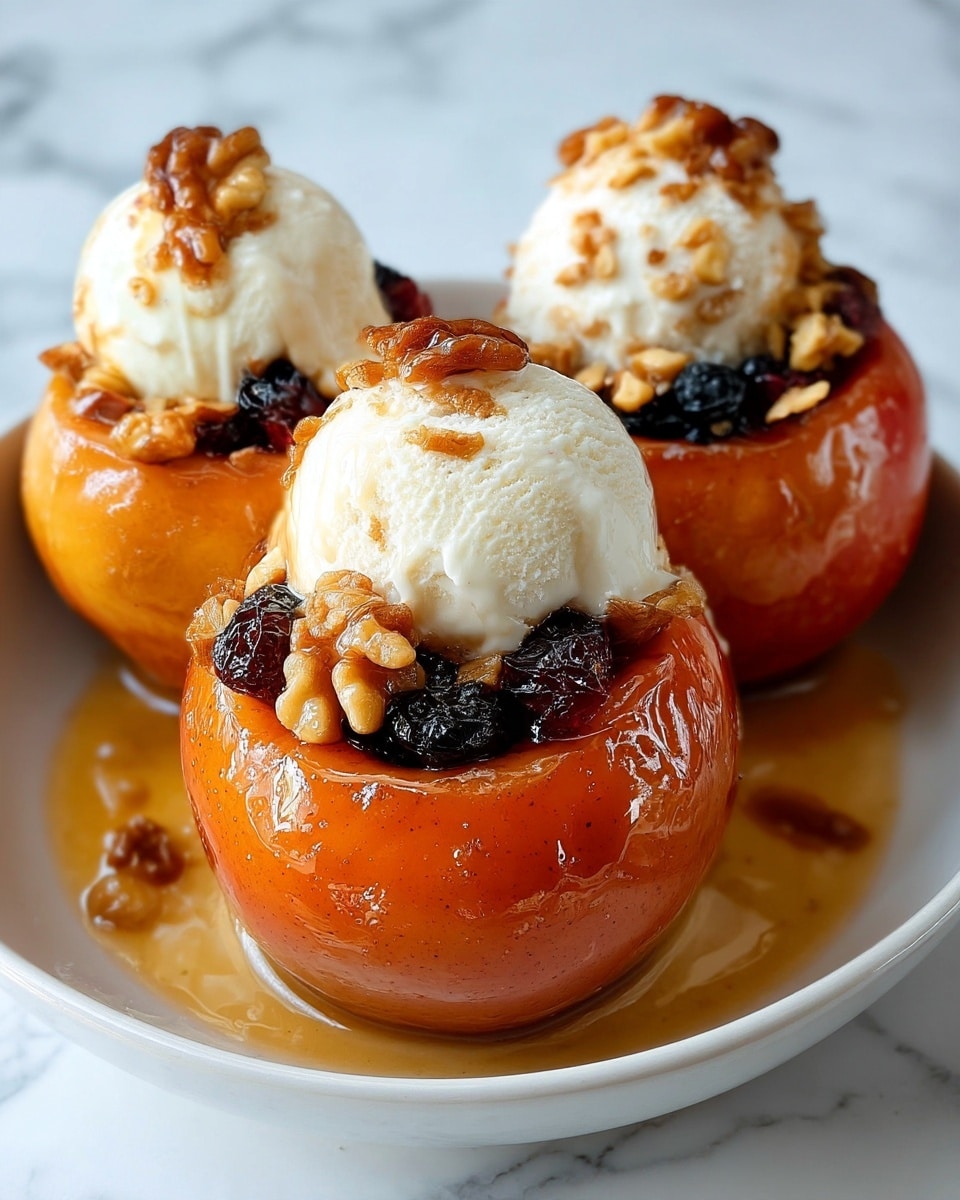 The image shows baked apples with their tops removed and hollow centers filled with a scoop of creamy vanilla ice cream. Surrounding the ice cream inside the apple is a mix of crunchy walnut pieces and dark dried berries, all coated in a shiny layer of honey or syrup. The apples have a golden-orange, glossy baked skin with a slightly soft texture. They sit on a white bowl with some small sauce or syrup pooling around the bottom, and the background is a white marbled texture. Photo taken with an iphone --ar 4:5 --v 7