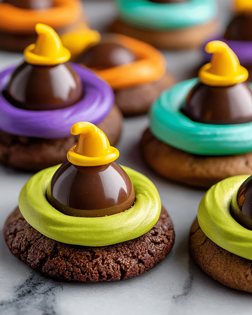 The image shows several round chocolate cookies as the bottom layer with a rough, crumbly texture. On top of each cookie is a thick ring of smooth, brightly colored frosting in purple, orange, green, or teal, forming the second layer. In the center of the frosting ring sits a shiny, dark brown chocolate candy shaped like a rounded dome for the third layer. Each dome is decorated with a small yellow witch hat made of icing on top, which adds a playful and festive fourth layer. The cookies are arranged closely on a white marbled surface. photo taken with an iphone --ar 4:5 --v 7