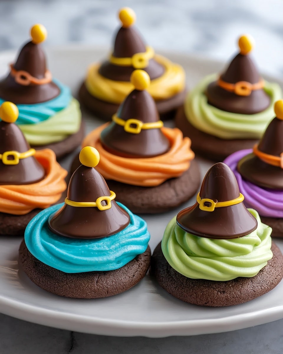 A close-up of round chocolate cookies, each topped with a thick swirl of smooth frosting in bright colors like green, orange, purple, and blue. On top of each swirl sits a small, shiny dark chocolate witch hat with a yellow belt and buckle detail and a yellow ball at the hat tip. The cookies are arranged closely on a white plate, which rests on a surface with a white marbled texture. photo taken with an iphone --ar 4:5 --v 7