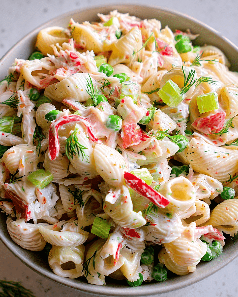 The image shows a close-up of a creamy pasta salad served in a white bowl. The dish has three main layers: the base layer of cooked shell pasta in a creamy white sauce, mixed evenly with small chunks of light green celery; scattered bright green peas add pops of color throughout the salad, and thin strips of red bell pepper are layered on top, providing contrast. Sprigs of fresh dill are placed lightly around the dish, adding a touch of green and texture. The creamy dressing coats all ingredients, making the pasta glisten with a smooth texture. Photo taken with an iphone --ar 4:5 --v 7