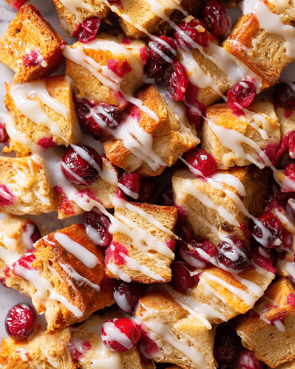 The dish is a close-up view of many cubed bread pieces that are golden brown with a rough texture, mixed evenly with bright red cranberries. The cubes are layered thickly, with white glaze drizzled smoothly and irregularly across the top, adding a shiny and slightly creamy texture. The glaze highlights the tops and edges of the bread cubes, giving a contrast to the soft yet crunchy bread and the juicy cranberries that peek out between the bread pieces. The whole scene is set on a white marbled texture visible in the background edges. photo taken with an iphone --ar 4:5 --v 7