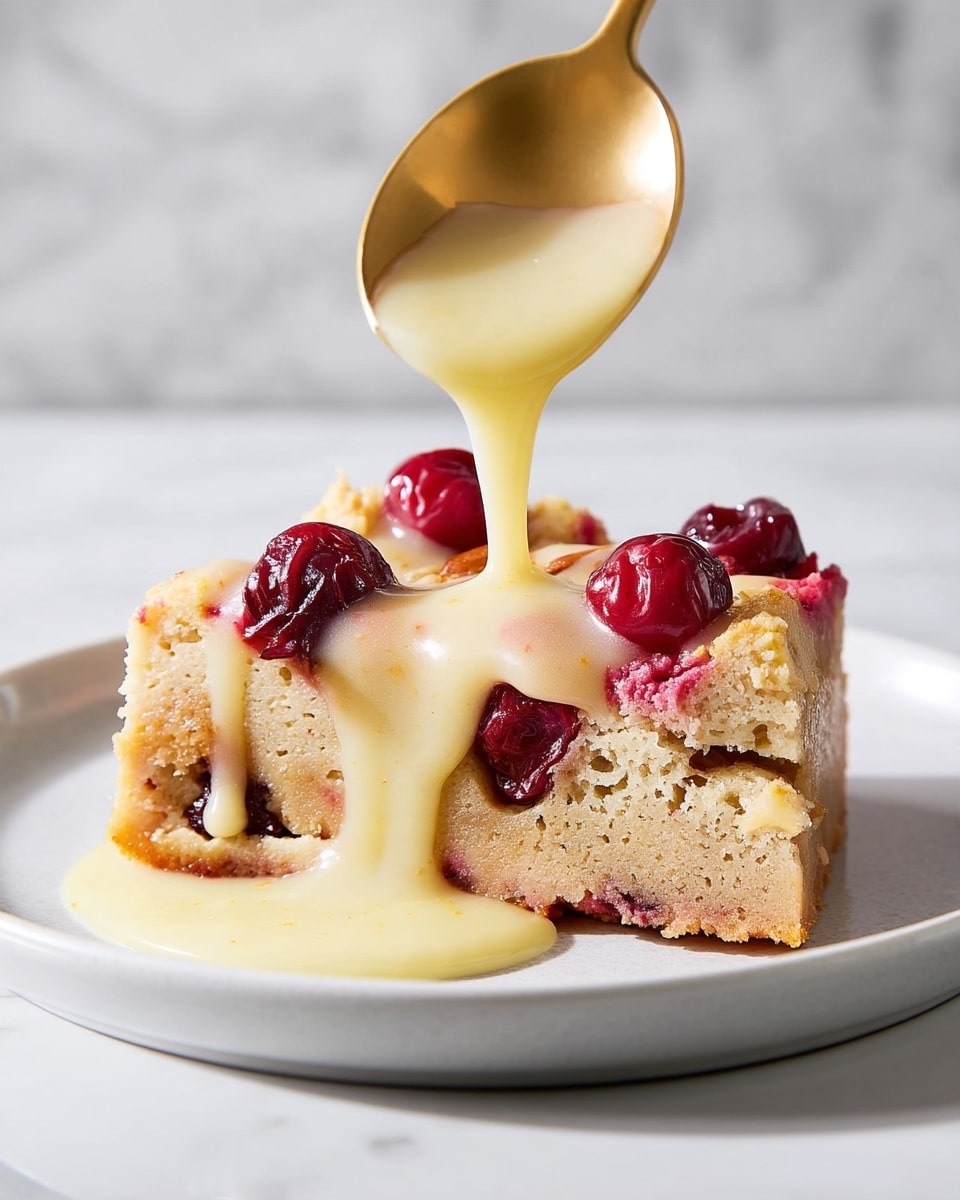 A single slice of light beige cake with a slightly crumbly texture sits on a white plate, topped with several dark red cherries embedded in the cake and on the surface. A golden spoon held above the slice pours a thick, creamy, pale yellow sauce that drips down, pooling slightly on the plate. The background is a white marbled texture. photo taken with an iphone --ar 4:5 --v 7
