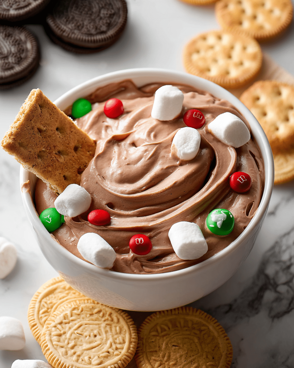 A white bowl filled with three thick layers of smooth, light brown chocolate mousse, swirled softly on top. Scattered over the mousse are small white marshmallows and red and green candy-coated chocolates. A light brown rectangular cracker is partially dipped into the mousse on the left side of the bowl. Around the bowl, there are light golden crackers and a few chocolate sandwich cookies on a white marbled surface. photo taken with an iphone --ar 4:5 --v 7