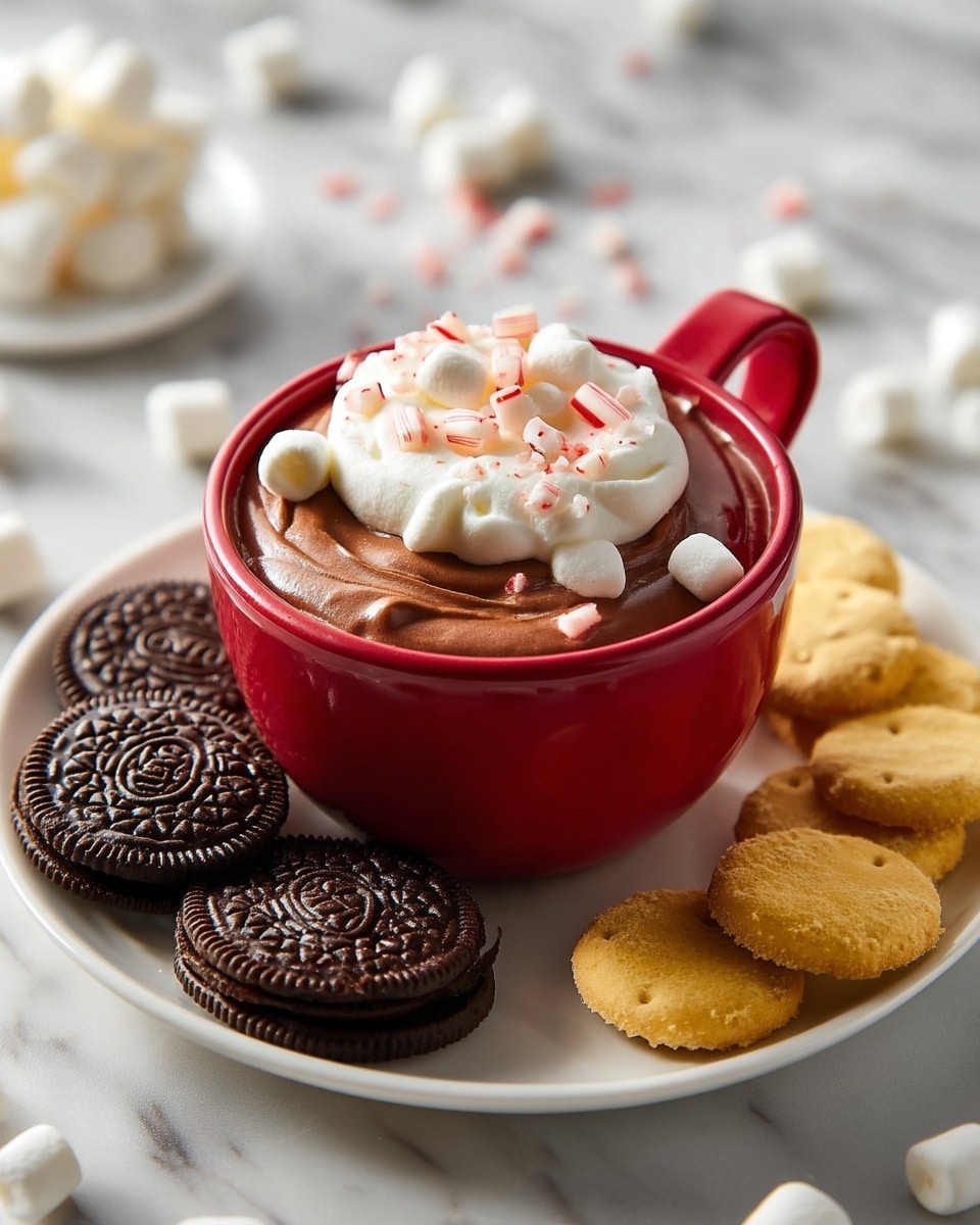 A red cup filled with smooth, dark brown chocolate mousse topped with a large dollop of white whipped cream, small white marshmallows, and crushed red and white peppermint pieces. The cup sits on a white plate that holds several whole dark brown sandwich cookies with cream filling on the left, golden round cookies at the bottom, and square golden crackers on the right. The entire setting is on a white marbled surface with scattered mini marshmallows around. Photo taken with an iphone --ar 4:5 --v 7
