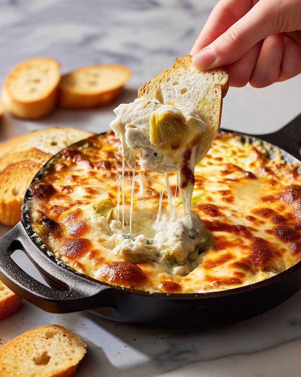 A black cast iron skillet holds a hot baked dip with two visible layers. The top layer is golden-brown melted cheese with bubbly, browned spots and a slightly crispy texture. Below it, a creamy white layer with a thick consistency is mixed with soft artichoke pieces, pale green in color. A woman's hand is holding a toasted, light golden bread slice, dipping it into the creamy layer, pulling up some melted cheese that stretches from the skillet to the bread. The scene is set on a white marbled surface with more toasted bread slices visible in the background. Photo taken with an iphone --ar 4:5 --v 7