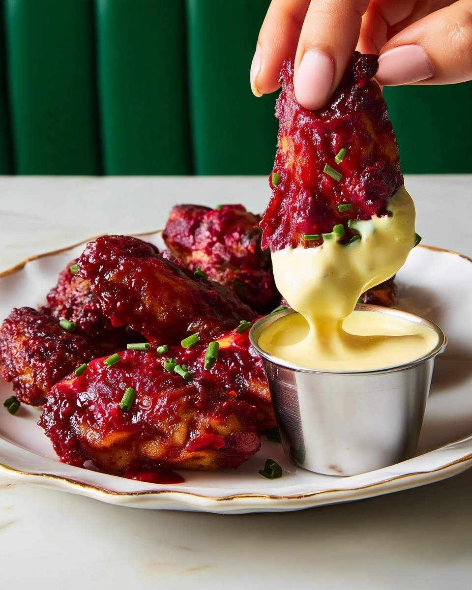 A close-up shows deep red chicken wings coated in a thick, textured sauce with small green chive pieces sprinkled on top, placed on a white plate with a thin gold rim. One wing is held by a woman's hand, partly dipped into a smooth, creamy, pale yellow sauce inside a small silver cup. The background is a white marbled surface with a soft green wall behind. The image captures the glossy, rich texture of the sauce and the creamy dip dripping slightly from the wing. photo taken with an iphone --ar 4:5 --v 7