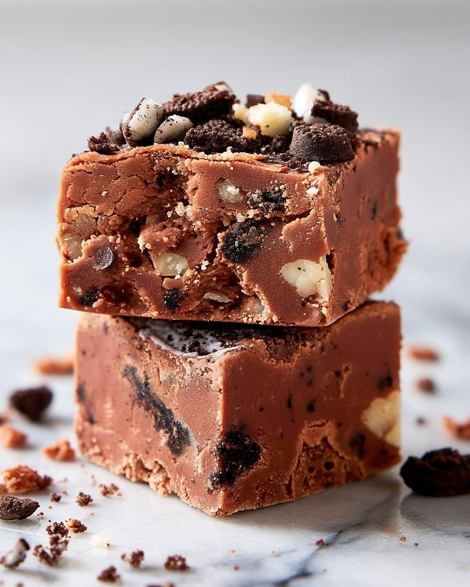Two thick square pieces of chocolate fudge stacked, showing a dense texture with visible chunks of white nuts and dark cookie bits scattered inside. The fudge has a rich brown color with a slightly crumbly surface, and the top piece rests unevenly on the bottom one, with some cookie crumbs on the edges. The background is a clean white marbled texture. photo taken with an iphone --ar 4:5 --v 7