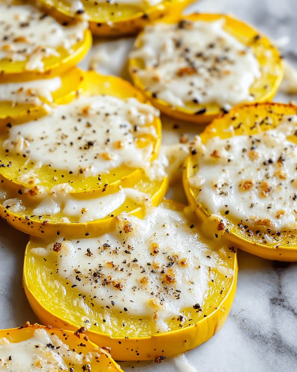 The image shows multiple thick yellow squash slices arranged closely together in a single layer. Each round slice is topped with a layer of melted white cheese that has slight browning on some spots, giving it a bubbly, creamy texture. The cheese is speckled with black ground pepper and some small toasted bits, adding texture to the smooth melted surface. The overall colors contrast from the bright yellow edges of the squash to the soft white cheese centers, with the dark flecks of pepper scattered evenly. The background is a white marbled texture. photo taken with an iphone --ar 4:5 --v 7