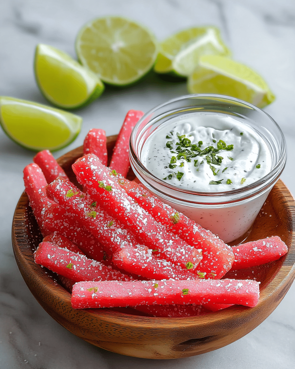 A round wooden bowl filled with bright red watermelon sticks that have a rough texture and are sprinkled with white salt, with small yellow-green ends showing. Inside the bowl, there is a small clear glass bowl on the right filled with white creamy sauce garnished with small green herb pieces on top. The bowl is placed on a dark surface with some lime pieces blurred in the background. photo taken with an iphone --ar 4:5 --v 7