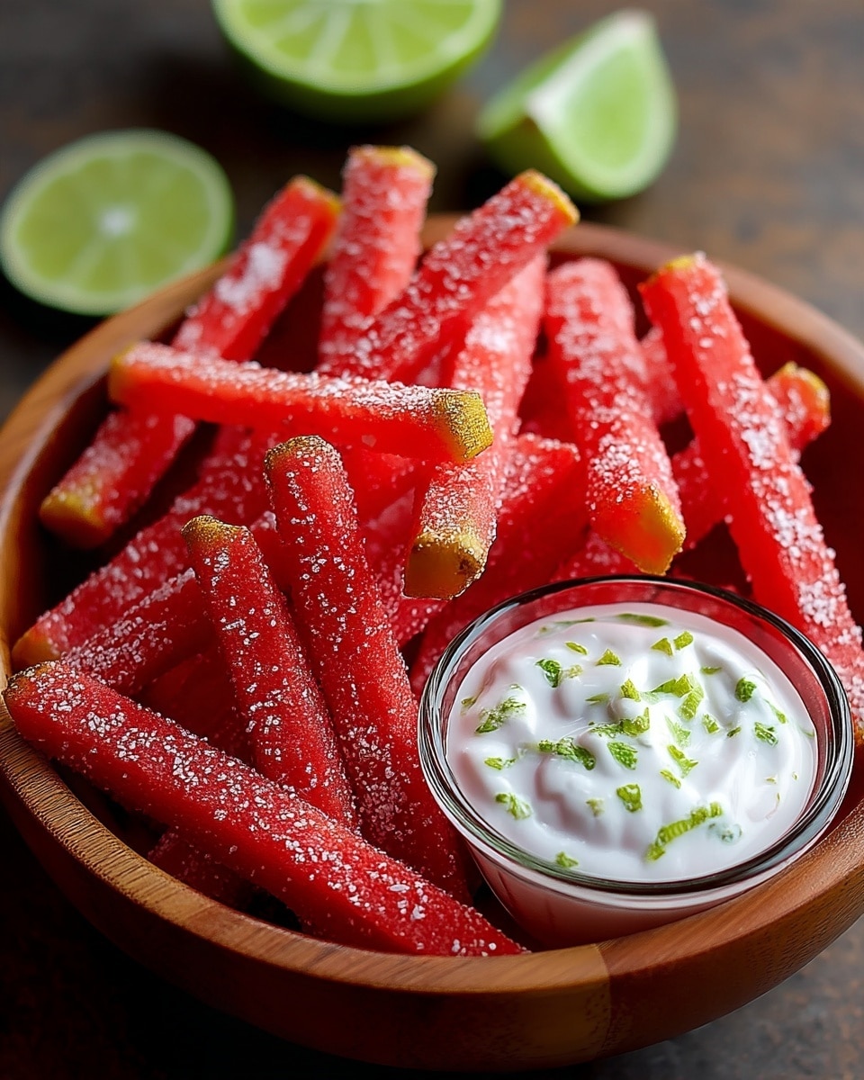 A wooden bowl filled with bright pink sticks that look like French fries, sprinkled with white salt and small green herbs, sits on a white marbled surface. Next to the pink sticks inside the bowl is a clear glass container with white creamy dip topped with chopped green herbs. In the background, several lime wedges are placed on the white marbled surface, adding a fresh look to the scene. photo taken with an iphone --ar 4:5 --v 7