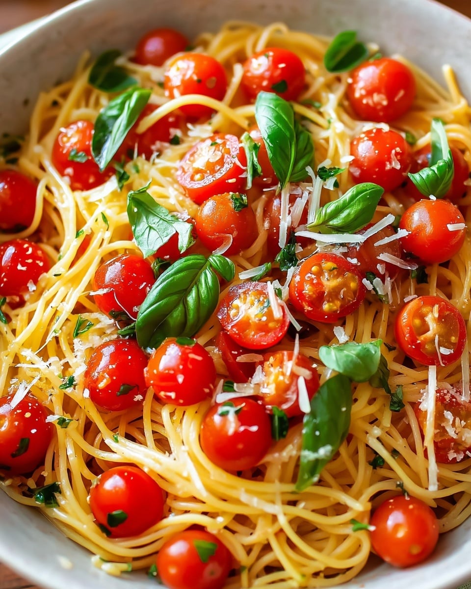 The image shows a close-up of spaghetti pasta mixed with whole and halved bright red cherry tomatoes, fresh green basil leaves scattered on top, and thin shredded white cheese sprinkled throughout. The pasta strands are long and golden, filling most of the white bowl, with small bits of chopped herbs adding a touch of green. The textures vary between the smooth, shiny spaghetti, juicy tomatoes, and soft leafy basil, creating a colorful and fresh presentation. Photo taken with an iphone --ar 4:5 --v 7