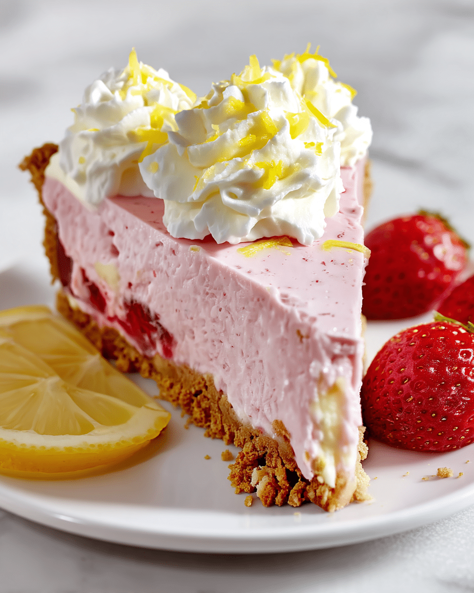 A slice of creamy pink strawberry cheesecake with three clear layers: a thick crumbly brown crust at the bottom, a middle layer with visible pieces of strawberries, and a smooth, light pink top layer. The slice is topped with three dollops of white whipped cream sprinkled with yellow lemon zest. It sits on a white plate with two thin lemon slices on the side and a red strawberry partially visible near the edge. The background shows a white marbled texture surface. photo taken with an iphone --ar 4:5 --v 7