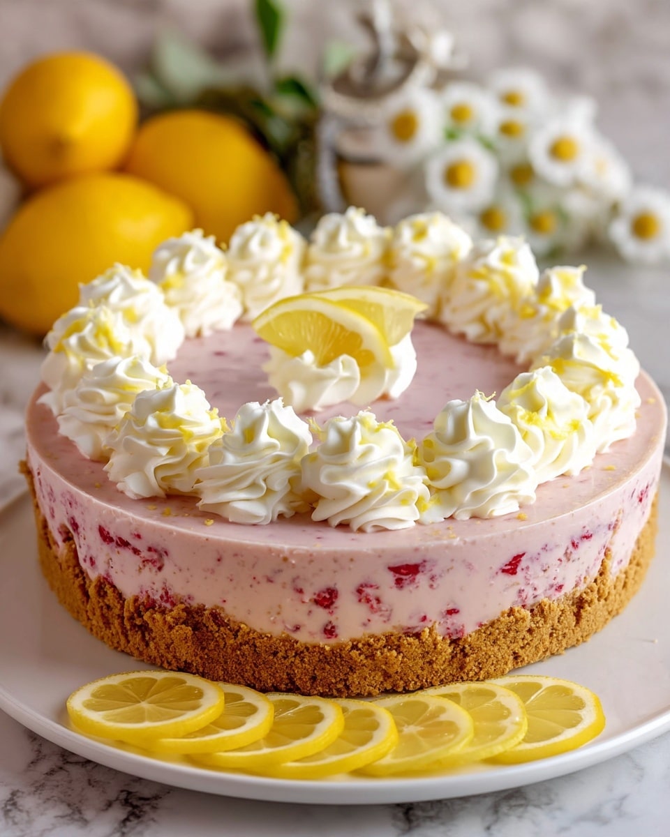 A creamy pink cheesecake with visible pieces of red fruit mixed inside has a thick golden brown crumb crust around the bottom and sides. The top has a circle of white soft whipped cream swirls, each topped with small yellow zest bits. Two thin lemon slices rest on a whipped cream swirl in the center of the cheesecake. On the white plate below, three more lemon slices lay flat. The cheesecake sits on a white marbled textured surface with yellow lemons and white flowers blurred in the background. Photo taken with an iphone --ar 4:5 --v 7