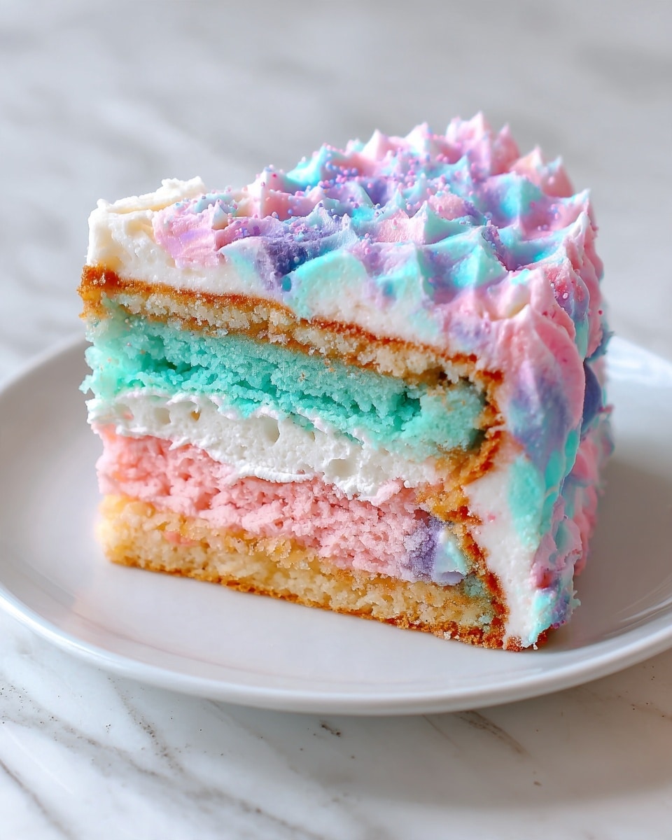 A tall three-layer cake with each layer showing a mix of pastel pink and pastel blue colors, alternating from bottom to top: blue on the bottom, pink in the middle, and blue on top. Each layer is separated by a thin, even layer of smooth white cream. The outside cake surface is covered in swirled pastel blue, pink, and purple frosting creating a soft, cloud-like texture. The top edge of the cake is decorated with high, ruffled swirls of the same pastel colors, sprinkled lightly with tiny pink sugar bits. The cake sits on a clean white plate on a white marbled surface with some crumbs scattered around. photo taken with an iphone --ar 4:5 --v 7