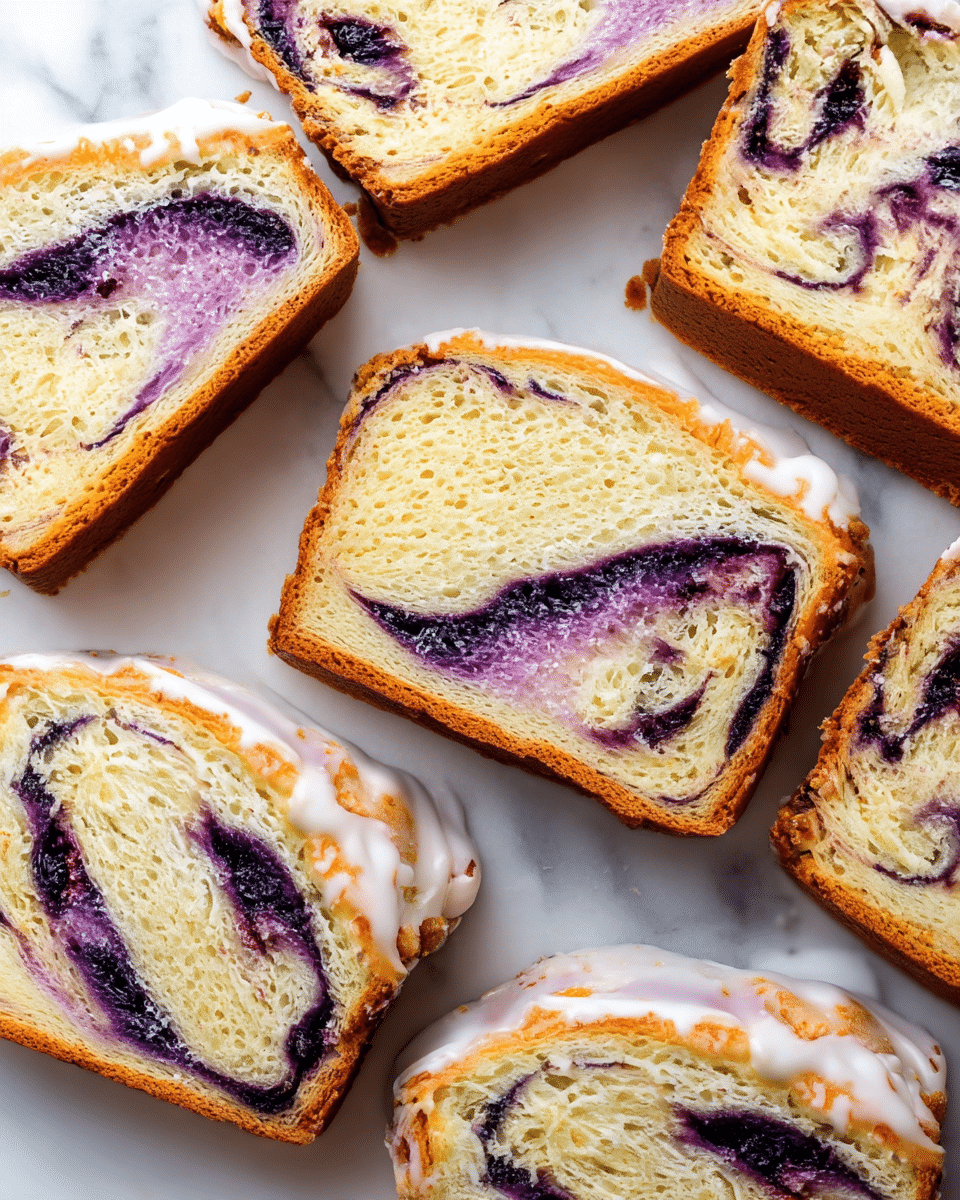 Several slices of a soft, thick bread are shown closely together on a white marbled surface. Each slice has a light golden crust and a pale yellow inside with dark purple swirls evenly spread throughout the soft texture. Some slices have a white icing layer on the top edge, which looks smooth and slightly shiny. The bread appears fluffy and moist, with the purple swirls creating a marbled pattern in every slice, making each piece look unique. photo taken with an iphone --ar 4:5 --v 7