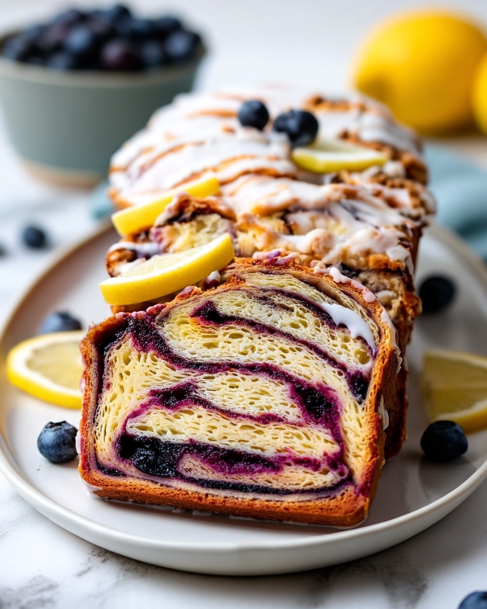 A sliced loaf of blueberry swirl bread sits on a white plate placed on a white marbled surface, showing three thick layers of light golden bread with dark purple blueberry swirls. The outside crust is a deeper golden brown with a slight crisp texture. The top layer is drizzled with white glaze that drips down the sides, and small lemon wedges along with fresh blueberries are placed on and around the bread for decoration. In the background, a bowl filled with blueberries is slightly blurred. Photo taken with an iphone --ar 4:5 --v 7