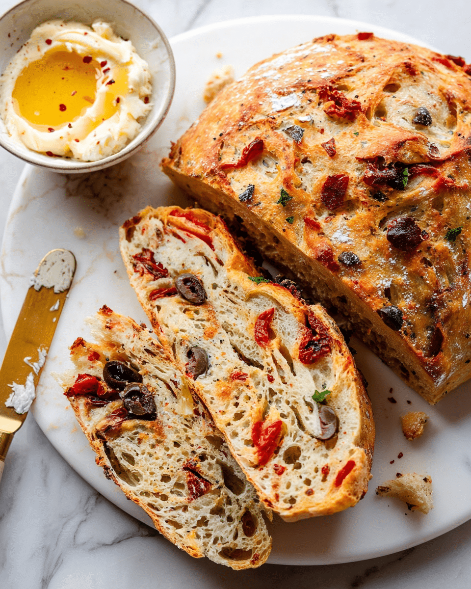 The image shows a rustic loaf of bread partially sliced on a white plate with a white marbled texture underneath. The bread crust is golden brown with a slightly rough texture, sprinkled with small bits of red sun-dried tomatoes and dark olives. Inside the bread, the soft crumb is light beige with visible pieces of sun-dried tomatoes and olives scattered throughout, creating a colorful pattern inside the airy texture. There are three thick slices cut from the loaf, resting on top of the bread and plate, showing the detailed mix of ingredients inside. Nearby, a small bowl of creamy butter with a drizzle of honey sits on the white marbled surface, next to a butter knife with a gold blade and a white handle. Photo taken with an iphone --ar 4:5 --v 7