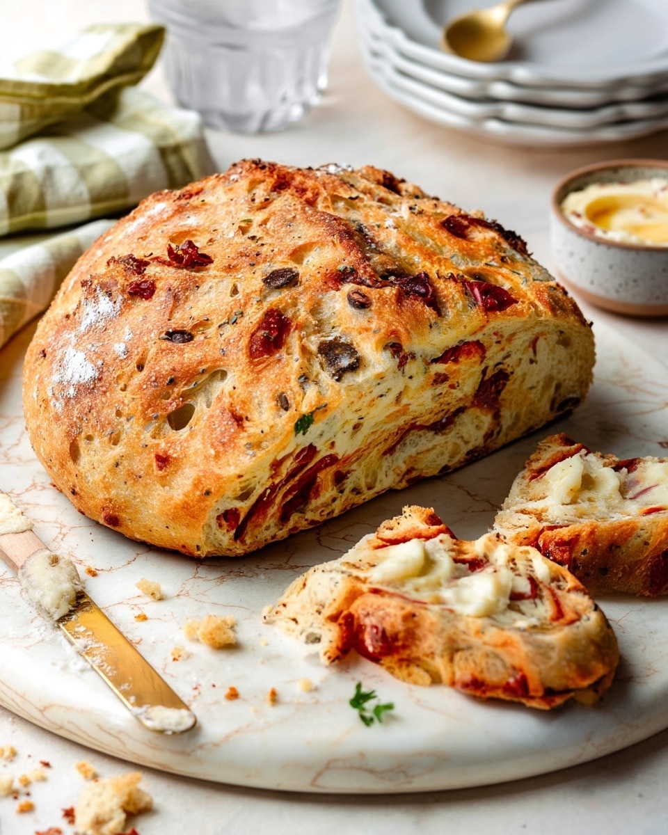 A golden-brown round loaf of bread with a rough, crispy crust full of sun-dried tomato pieces and small dark spots of olives. The bread is cut in half, showing a soft, light beige inside with scattered sun-dried tomatoes in a rich red color. Two small slices lie in front with visible swirls of butter melting on top, adding a creamy white glossy texture. The bread rests on a white marbled round board with some crumbs and a small green leaf scattered around. Nearby, a small bowl holds a light, creamy spread with a golden drizzle, next to a knife with a beige handle and golden blade that has some butter on it. In the background, a stack of white plates and a folded beige and white checkered cloth lie on the white marbled surface. Photo taken with an iphone --ar 4:5 --v 7