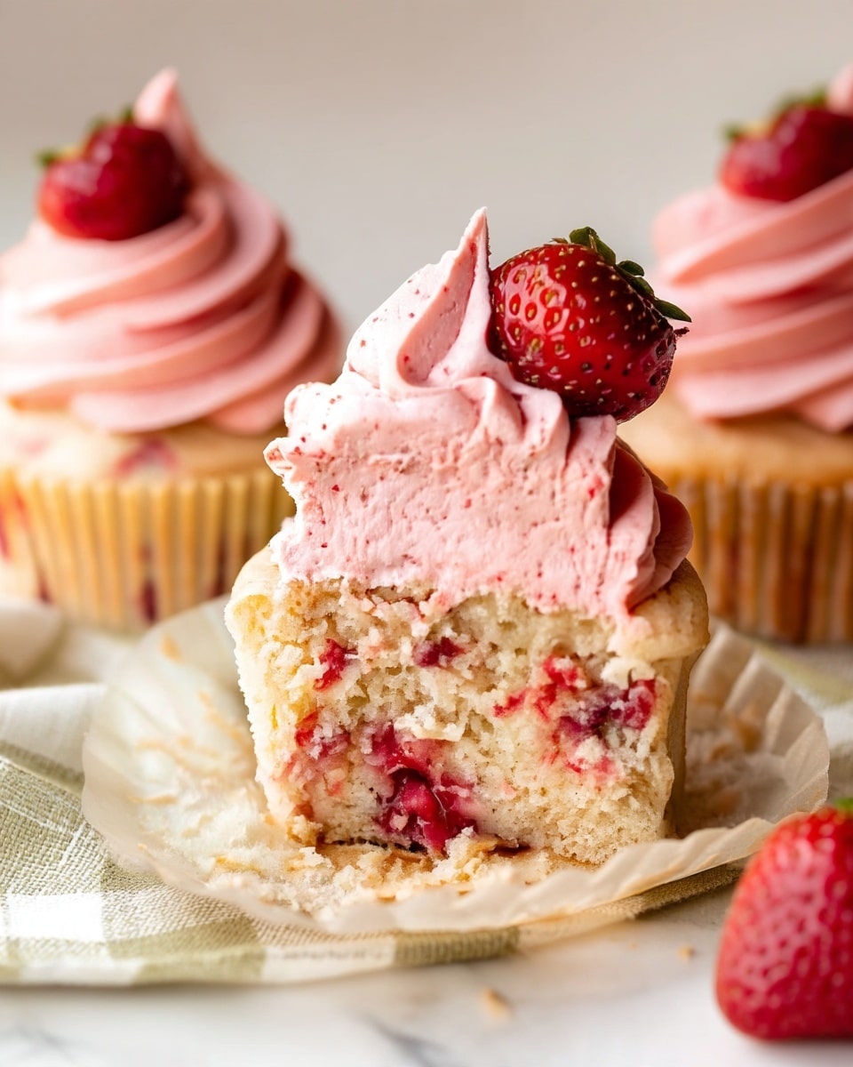 A close-up of a cupcake with two layers visible: the bottom layer is a light beige cake with bits of red strawberry baked inside, showing a moist and soft texture, and the top layer is a thick swirl of pale pink strawberry frosting, creamy with small red specks mixed in, topped with a whole small strawberry placed on one side. The cupcake is partly unwrapped from a white cupcake liner, sitting on a white marbled surface with a beige and white checkered cloth nearby. In the background, two more cupcakes with similar frosting and strawberry tops are slightly out of focus. photo taken with an iphone --ar 4:5 --v 7