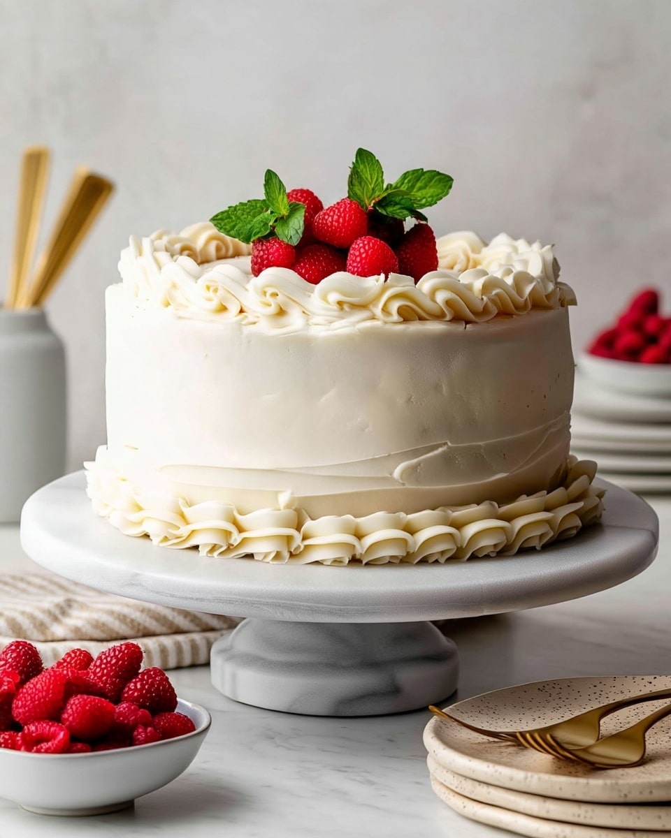 A round cake with smooth white frosting covering its sides and top, decorated with two layers of thick, creamy white frosting swirls along the base and the top edge. The cake is topped with a small pile of bright red raspberries and a few fresh green mint leaves in the center. It sits on a white marble cake stand, placed on a white marbled surface with a white bowl of raspberries on the left side and a stack of light speckled plates with golden forks on the right. Photo taken with an iphone --ar 4:5 --v 7