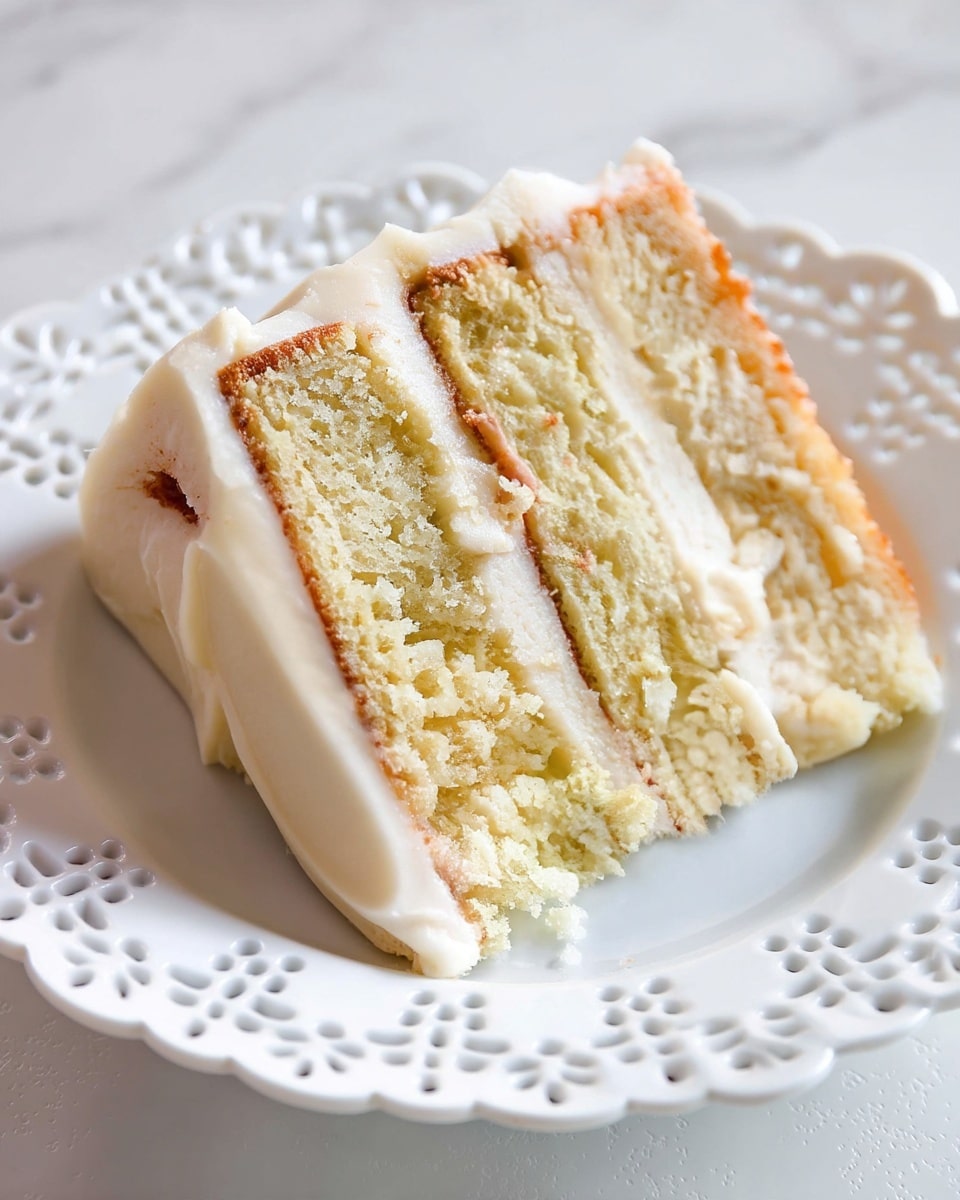 A slice of three-layer vanilla cake with a light golden crumb texture, each layer separated by smooth, creamy white frosting. The frosting slightly covers the sides and top of the slice, with some softness and slight unevenness adding a natural look. The cake sits on a white decorative plate with floral cut-out patterns around the edges, placed on a white marbled surface. The photo taken with an iphone --ar 4:5 --v 7