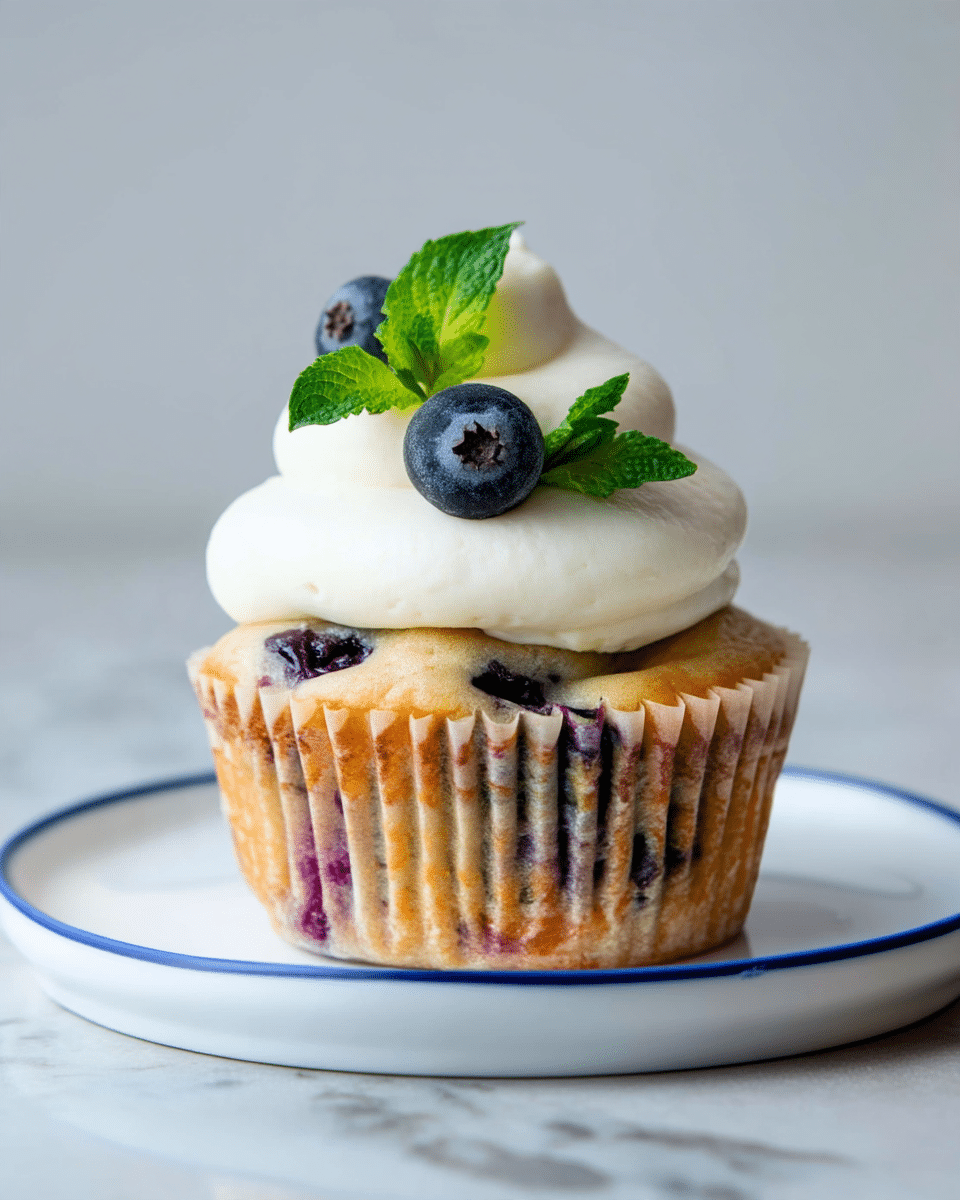 The image shows several blueberry cupcakes arranged on a white plate with a decorative edge. Each cupcake has a base layer of light golden cake dotted with dark purple blueberry pieces. On top, there are two layers of thick, creamy white frosting swirled in soft peaks. Each cupcake is garnished with two or three fresh dark blue blueberries and a small, bright green mint leaf for a pop of color. The plate is set on a white marbled surface, and in the background, a white bowl filled with blueberries is slightly out of focus. Photo taken with an iphone --ar 4:5 --v 7