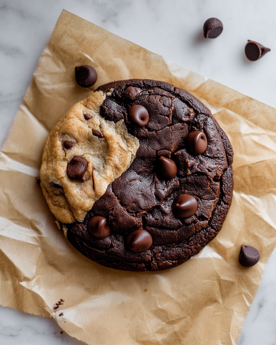 The image shows a cooling rack filled with 16 round cookies, each cookie having two equal halves with different colors and textures: one half is light beige with visible chocolate chips, soft and slightly bubbly, while the other half is dark brown, smooth, and rich-looking, also studded with chocolate chips. The cookies are placed neatly on a white marbled surface with a few loose chocolate chips scattered around. One cookie on the top right has a bite taken out, showing the soft inner texture of both cookie halves. Around the edges, there are small bowls with chocolate chips and creamy peanut butter visible but out of full focus. photo taken with an iphone --ar 4:5 --v 7