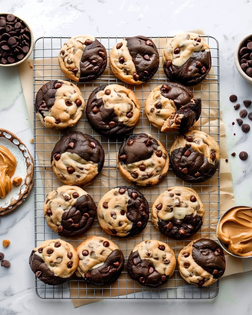 A round cookie divided into two halves: one half is light brown with small dark brown chocolate chips embedded throughout, showing a soft and slightly crinkled texture, while the other half is dark brown, almost black, with a rich, dense texture and larger chocolate chips on top. The cookie rests on crumpled light brown parchment paper with a few scattered dark chocolate chips around it. There is a small crumb near the edge of the cookie. The whole scene is placed on a white marbled surface. photo taken with an iphone --ar 4:5 --v 7