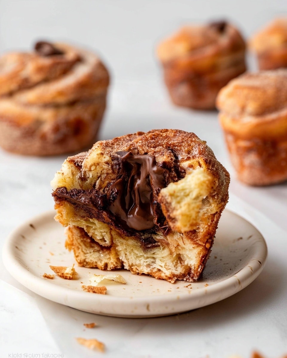 A close-up of a cut cinnamon roll with three main visible layers: the outer golden brown crust with a cinnamon sugar coating, a soft light yellow interior dough layer with swirls of darker cinnamon filling, and a thick glossy chocolate layer oozing from the center. The roll sits on a round white plate with some scattered crumbs around it. In the background, three more whole cinnamon rolls with the same toppings are slightly out of focus on a white marbled surface. photo taken with an iphone --ar 4:5 --v 7