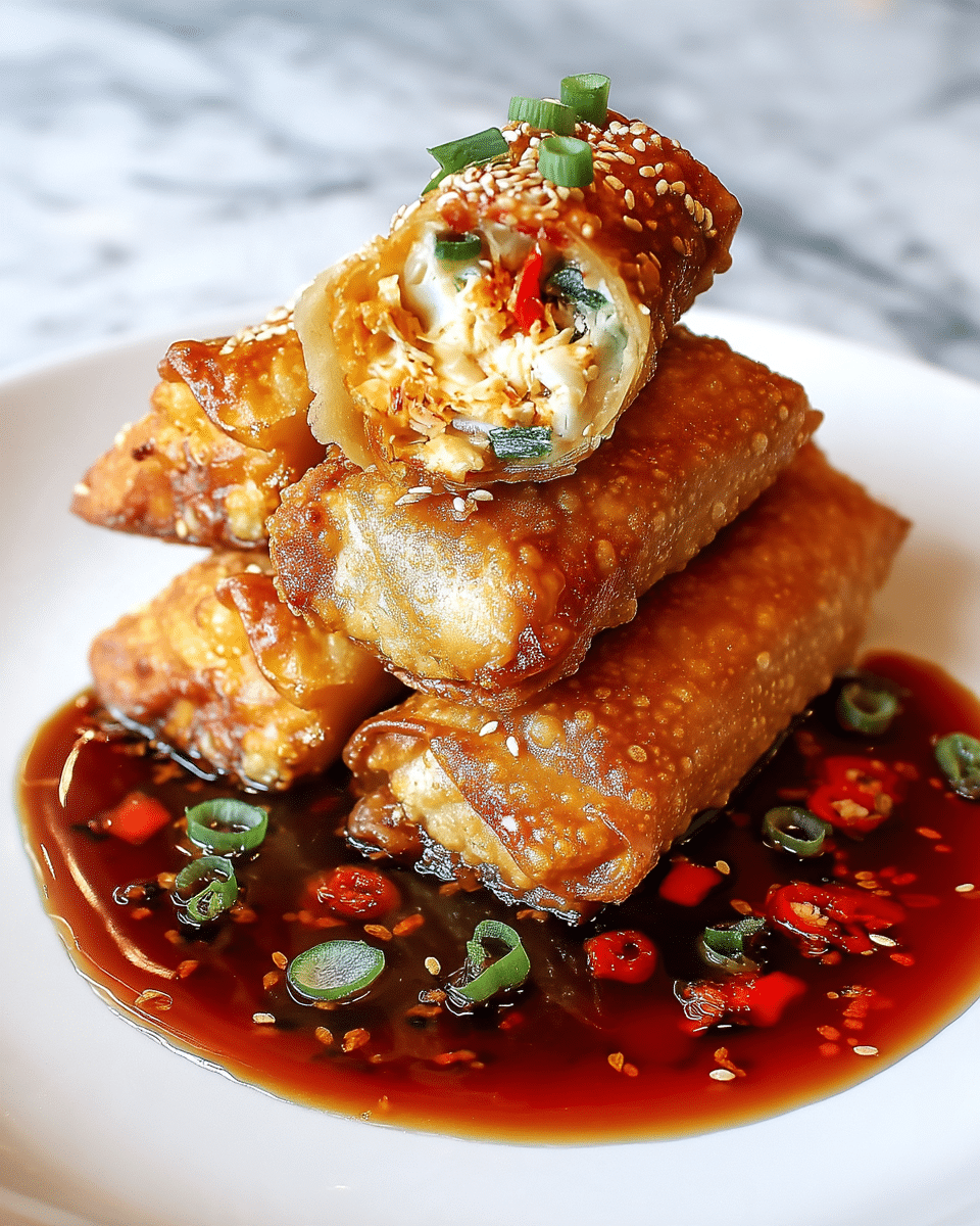 This image shows three crispy golden-brown spring rolls stacked on a white plate with a shiny sauce spread underneath them. The top spring roll is cut in half, revealing several layers inside: a crunchy golden outer shell covered with sesame seeds, a creamy white filling mixed with small green onion pieces, bits of red chili, and shredded textures in light orange and white tones. The sauce around the spring rolls is dark brown with scattered sliced green onions and small red chili pieces, adding color contrast. The background is a white marbled surface. Photo taken with an iphone --ar 4:5 --v 7