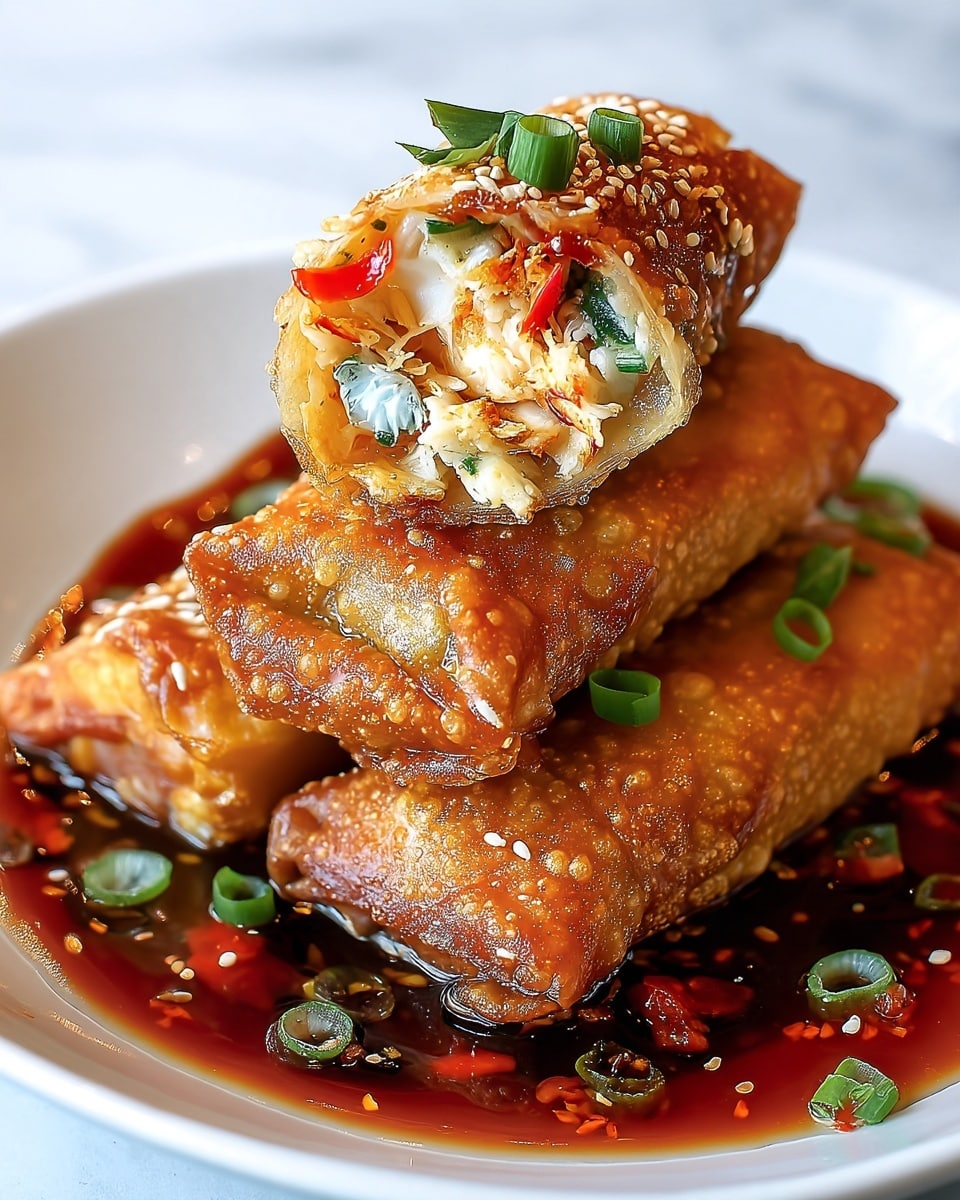 The image shows three golden-brown fried spring rolls stacked on a white plate. The spring roll on top is cut in half, revealing four layers inside: a crispy fried outer skin coated with sesame seeds, then a moist filling with small pieces of white crab meat mixed with bits of red pepper and chopped green onion, with a soft and sticky texture. The bottom of the rolls is resting in a glossy, dark brown sauce with visible slices of green onion and small red chili pieces scattered around. The close-up photo highlights the crunchy texture of the fried wrapper and the fresh colorful filling inside, all set against a white marbled surface. photo taken with an iphone --ar 4:5 --v 7