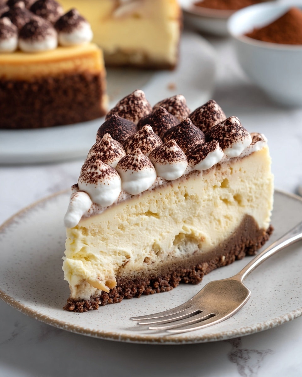 A single slice of cheesecake is placed on a white speckled plate with a vintage silver fork beside it. The cake has three visible layers: a dark brown crumbly crust at the bottom, a thick creamy pale yellow middle, and a white whipped topping on the top decorated with evenly spaced dollops dusted with cocoa powder, adding dark brown specks. In the background, the rest of the cheesecake and a bowl with cocoa powder and a spoon can be seen out of focus on a white marbled surface. Photo taken with an iphone --ar 4:5 --v 7