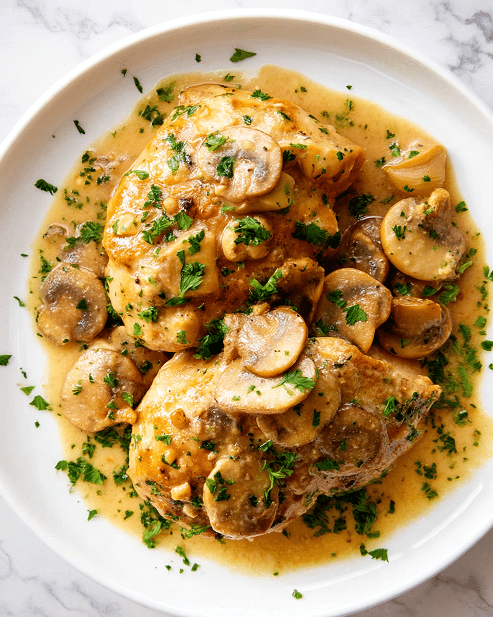 A white plate with two large pieces of cooked chicken covered with a creamy light brown mushroom sauce, showing slices of soft, cooked mushrooms scattered on and around the chicken. Small bits of fresh green parsley are sprinkled on top, adding a pop of color. The sauce pools slightly around the chicken on the white marbled texture surface underneath. photo taken with an iphone --ar 4:5 --v 7