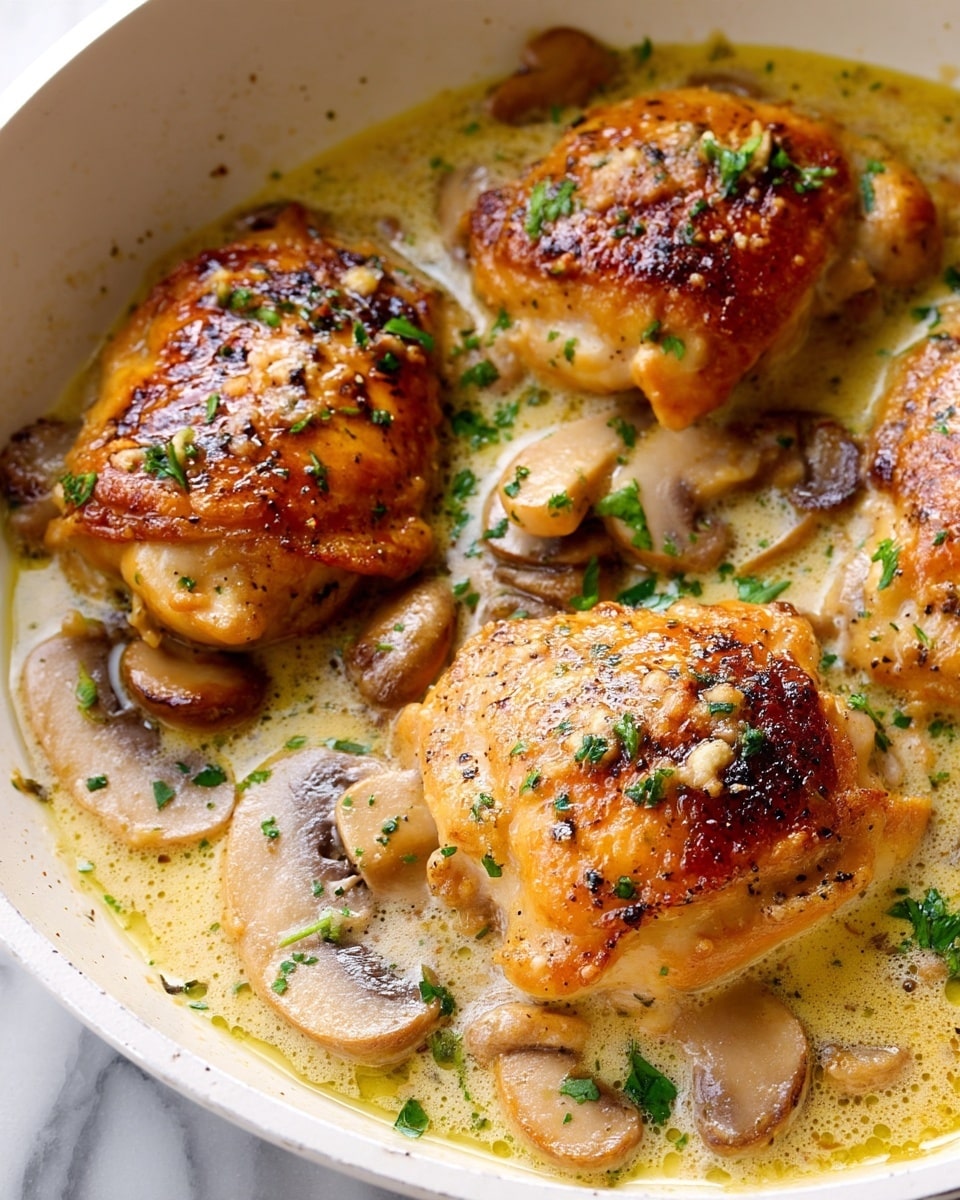 The image shows a close-up of three pieces of golden brown chicken cooked in a creamy sauce. The chicken pieces have a slightly crispy, browned surface with visible black pepper and small green herb flakes scattered on top. Around and underneath the chicken are light brown cooked mushroom slices partially submerged in a pale yellow, frothy sauce that looks rich and smooth. The sauce covers the bottom and parts of the chicken, with some bubbles and glistening oil. The dish is in a white pan set on a white marbled surface. photo taken with an iphone --ar 4:5 --v 7