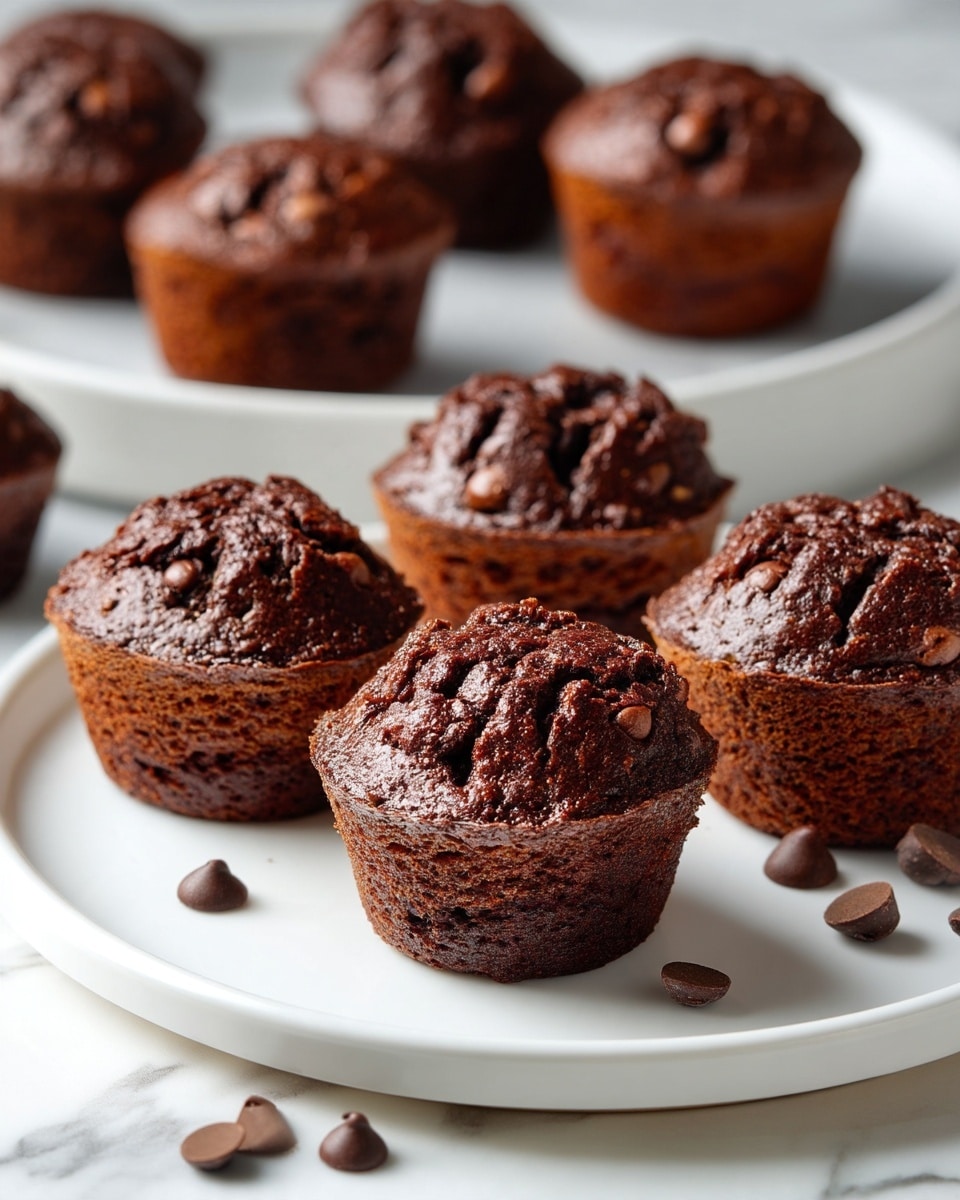 The image shows several small, round chocolate muffins with a rough and bumpy dark brown top layer, placed on a white marbled surface. Most muffins are arranged closely on a white plate in the background, while a few muffins are scattered in the front. The muffins have a dense, moist texture visible on the sides and top. There are some dark chocolate chips near the scattered muffins on the surface. Photo taken with an iphone --ar 4:5 --v 7