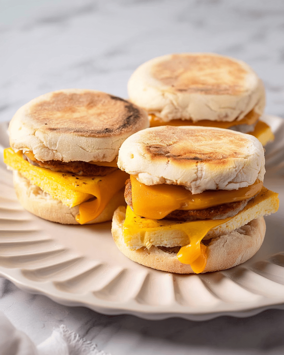 The image shows three breakfast sandwiches on a white plate with wavy edges, set on a surface with a white marbled texture. Each sandwich is made with two light brown, toasted English muffin halves that have a soft and slightly crumbly texture. Inside each sandwich, there are three layers: at the bottom, a folded yellow cooked egg with a slightly rough surface, then a round, brown sausage patty, and on top, a slice of bright orange melted cheddar cheese that slightly melts over the edges of the sausage. One sandwich in the front has a bite taken out of the top muffin and cheese, revealing the layers inside clearly. Photo taken with an iphone --ar 4:5 --v 7